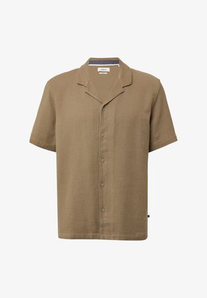 Koszula z krótkim rękawem, w jasnobrązowym kolorze, o teksturowanej tkaninie, z kołnierzykiem typu notch oraz zapięciem na guziki z przodu. Charakteryzuje się subtelnymi detalami i luźnym krojem.