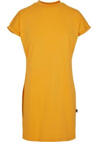 Żółta bawełniana sukienka t-shirt z okrągłym dekoltem, krótkimi, podwiniętymi rękawami i luźnym krojem. Posiada boczne rozcięcia dla większej swobody ruchu.