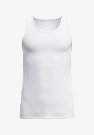 White cotton tank top, featuring a round neck, sleeveless design, smooth texture, and subtle stitching along the neckline and hem.