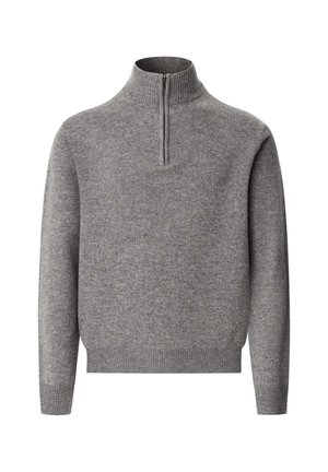 Grauer Strickpullover mit hohem Kragen, ausgestattet mit einem Viertel-Reißverschluss und gerippten Bündchen. Weiche Textur mit leichter Farbvariationen.
