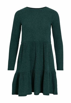 Robe longue à manches longues de couleur vert foncé, en tissu côtelé, dotée d'un col rond et d'une jupe évasée à volants avec des coutures froncées.