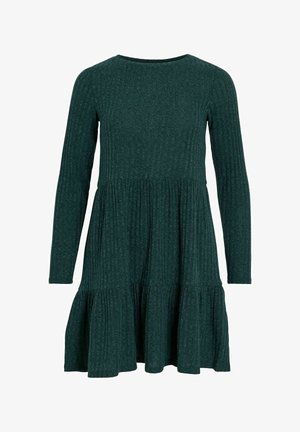 Dunkelgrünes Langarmkleid aus geripptem Stoff, mit einem runden Ausschnitt und einem gestuften, ausgestellten Rock mit gerafften Nähten.