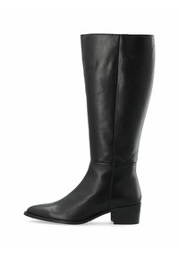Black knee-high boots made of smooth leather with a pointed toe and block heel. Features a clean finish and minimal detailing.