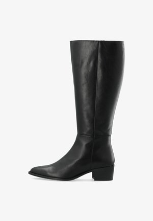 Zwarte kniehoge laarzen van soepel leer met een spitse neus en een blokhak. Kenmerkt zich door een nette afwerking en minimale details.
