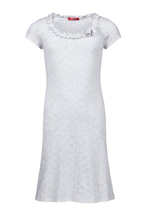 Graues Kurzarmkleid mit strukturiertem Muster, Rüschenausschnitt und leicht ausgestellt Rock. Lässig geschnitten, aus weichem Stoff gefertigt.