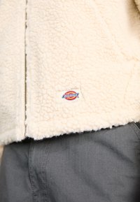Giacca in pile avorio con superficie testurizzata e morbida, dotata di zip frontale. Presenta una piccola toppa con il logo Dickies sul lato.