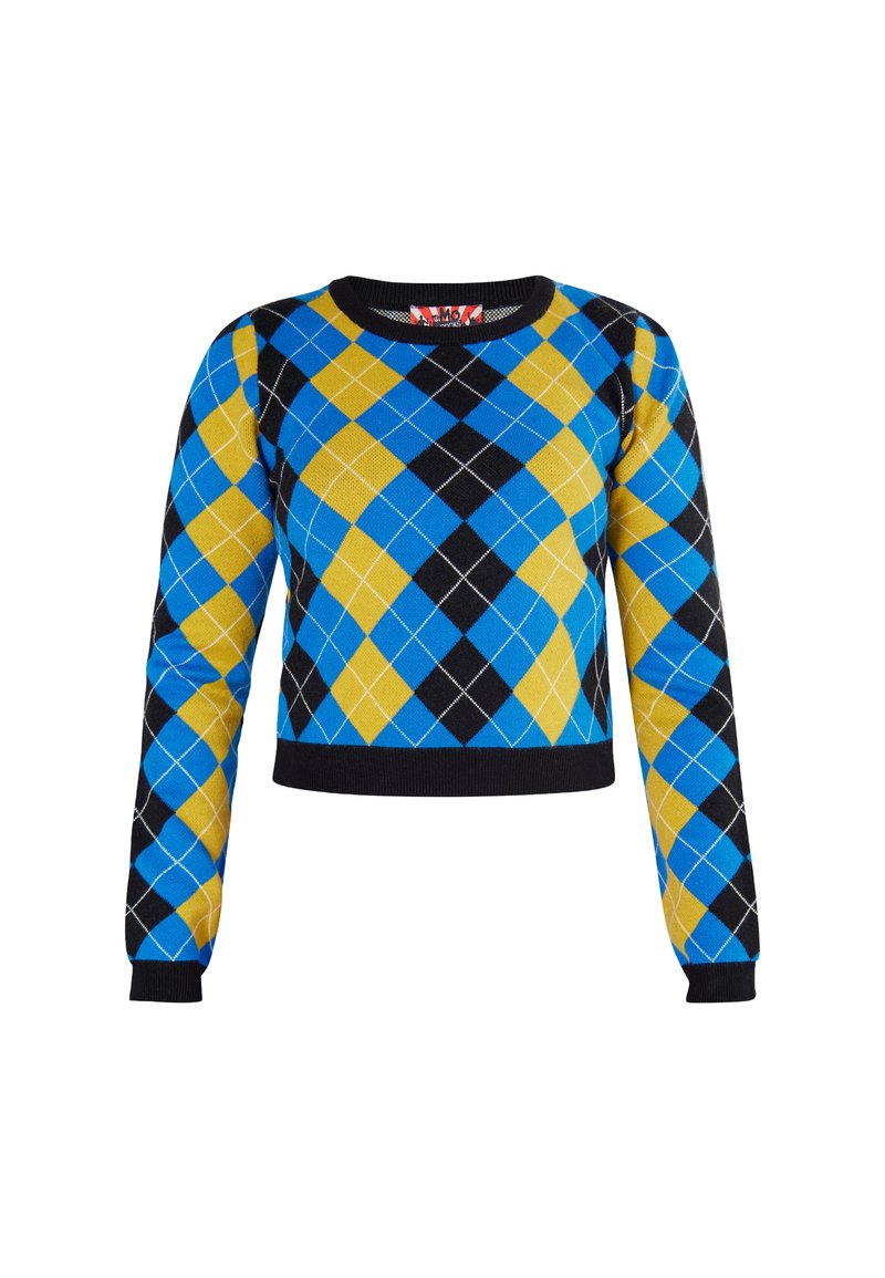 Sweter dzianinowy o kroju cropped, z wzorem argyle w kolorach niebieskim, żółtym i czarnym. Prążkowane czarne mankiety i dekolt.