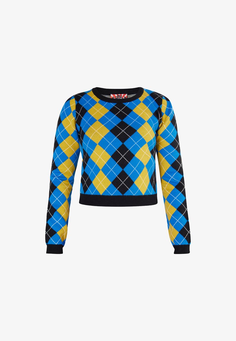 Sweter dzianinowy o kroju cropped, z wzorem argyle w kolorach niebieskim, żółtym i czarnym. Prążkowane czarne mankiety i dekolt.