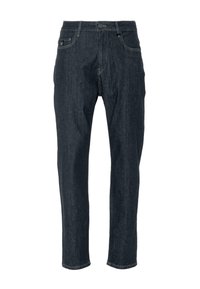 Tmavě modré džíny z denimu s rovnými nohavicemi, pěti kapsami, zapínáním na knoflík a jemnými švy. Úzký střih s hladkou texturou.