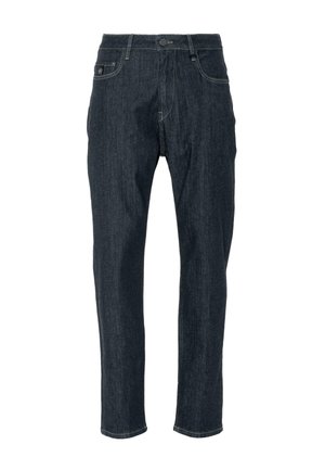 Tumedast sinisest denimpükstest, millel on sirge jalgade lõige, viis taskut, nööpkinnitus ja peened õmblustooted. Kitsas lõige siledusega.