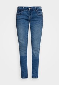 Jeans skinny em denim de lavagem média, com um design de cinco bolsos, fecho de zip e botão, e um leve desbotado nas pernas.