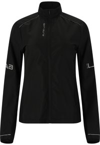 Schwarze leichte Jacke mit hohem Kragen, durchgehendem Reißverschluss und reflektierenden Akzenten. Verfügt über lange Ärmel und eine figurbetonte Passform, hergestellt aus glattem Stoff.