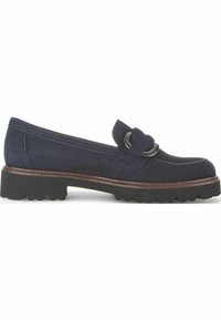 Marinblå mocka loafers med rund tå, dekorativ remdetalj, bruna sömmar och en texturerad svart gummisula.