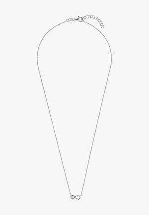 Sølv kædedesign med et infinity-symbol vedhæng, der har et delikat tekstureret design og en lobster clasp med en justerbar kæde.
