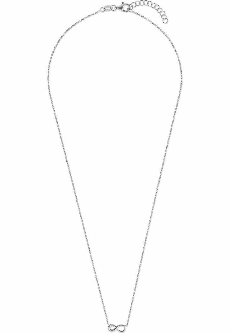 Sølv kædedesign med et infinity-symbol vedhæng, der har et delikat tekstureret design og en lobster clasp med en justerbar kæde.