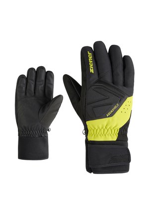 Black gloves with a neon yellow accent. Made from a textured material with a snug fit, featuring reinforced sections and a secure wrist closure.