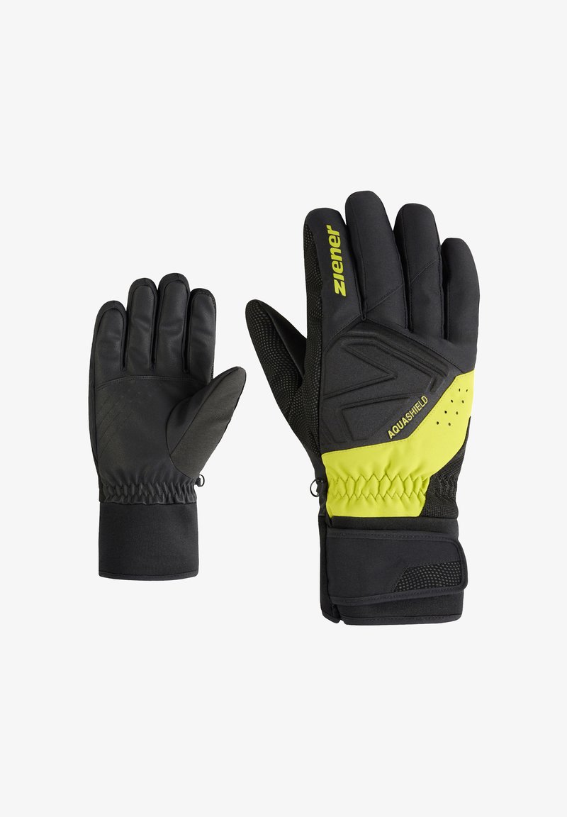 Schwarze Handschuhe mit einem neongelben Akzent. Hergestellt aus einem strukturierten Material mit einer engen Passform, ausgestattet mit verstärkten Bereichen und einem sicheren Handgelenksverschluss.