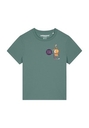 Baumwoll-T-Shirt in gedämpftem Grün mit kurzen Ärmeln, mit einem orangefarbenen Cartoon-Hund und dem Text "Houston, wir haben 3 Probleme" in einer lila Sprechblase.