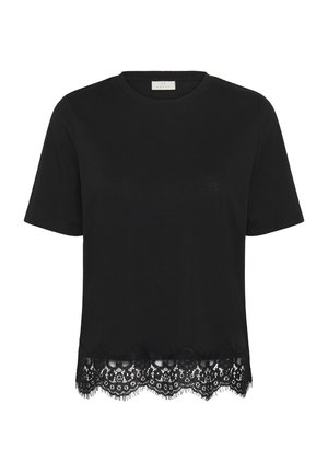 Haut noir à manches courtes avec encolure ronde et bordure en dentelle festonnée ornée de motifs floraux le long de l'ourlet.