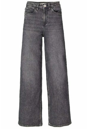 Jeans a vita alta con gamba larga in denim nero sbiadito con chiusura frontale con bottone e cerniera, tasche anteriori e posteriori e passanti per cintura.