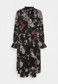 Black floral dress with long sleeves, featuring a high neckline, button details, and a flared cuff. The fabric has a lightweight, textured appearance.