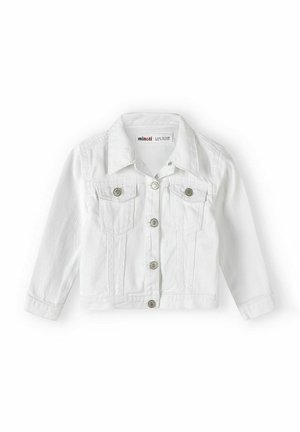 Veste en denim blanc avec des manches longues, deux poches avant, des boutons en argent et un col pointu ; présente un design structuré et une texture lisse.