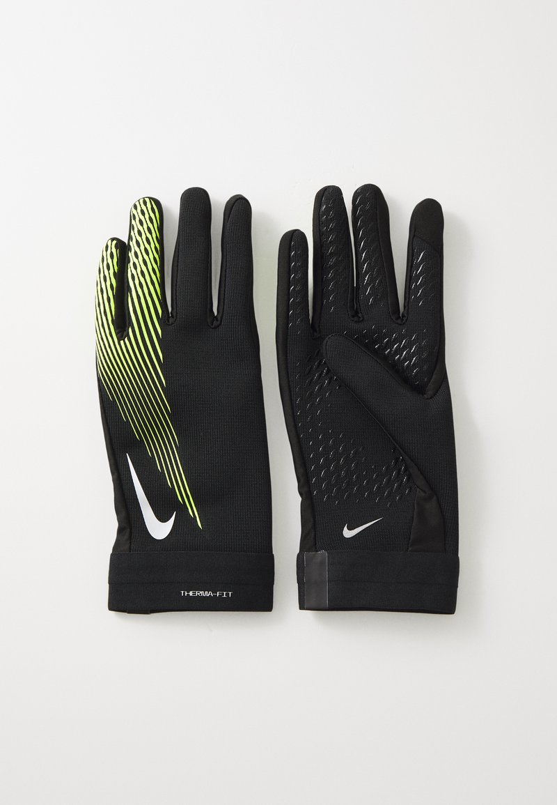 Black thermal gloves with a textured grip, featuring a neon green stripe pattern on one side and a logo on the wrist area.
