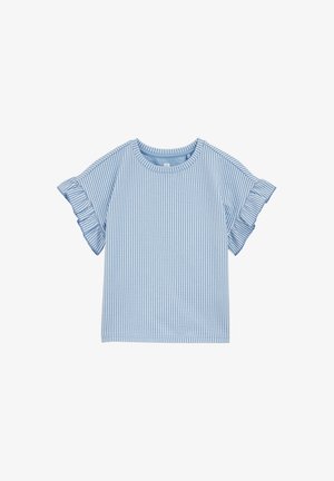 Haut à manches courtes bleu et blanc à rayures verticales, avec des bords de manches froncés et un col rond sur fond blanc.