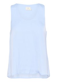 Blouse sans manches bleu clair, faite d'un tissu doux et léger, avec un col arrondi et une coupe décontractée avec un dos légèrement plus long.