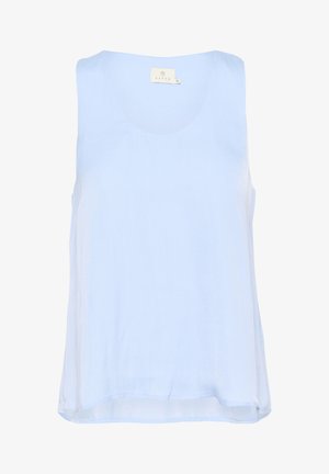 Blusa senza maniche azzurro chiaro, realizzata in tessuto morbido e leggero, con scollatura rotonda e una vestibilità rilassata con parte posteriore leggermente più lunga.