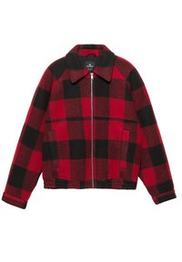 Czerwona i czarna kraciasta kurtka wykonana z mieszanki wełny, z kołnierzem, zamkiem błyskawicznym, dwoma przednimi kieszeniami oraz krótkiem dołem ze ściągaczami.