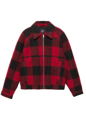 Giacca a quadri rossa e nera in misto lana, con colletto, chiusura con cerniera, due tasche frontali e orlo corto con dettagli elastici.