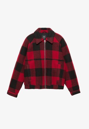 Rote und schwarze kariertes Jackett aus Wollmischung, mit Kragen, Reißverschluss, zwei Fronttaschen und einem gekürzten Saum mit elastischen Akzenten.