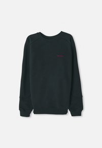 Sudadera negra de mezcla de algodón, con un cuello redondo acanalado, mangas largas y un pequeño logo de Timberland en rosa en el pecho.