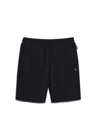 Pantalones cortos deportivos de algodón azul marino con cintura elástica, detalle de cordón y dos bolsillos laterales. Parche de bandera pequeño en la cintura.