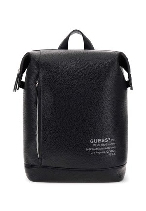 Zaino in pelle nera con finitura testurizzata. Caratterizzato da manico superiore, lati con zip e logo stampato con dettagli dell'indirizzo nella parte inferiore.