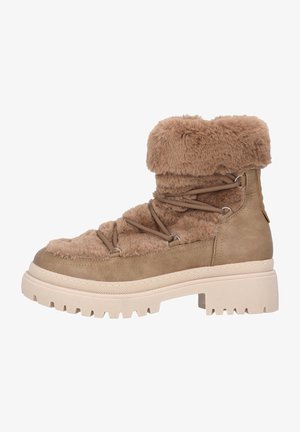 Botte d'hiver marron doublée de fausse fourrure, avec une semelle épaisse en caoutchouc beige, un laçage à l'avant et un col rembourré autour de la cheville.