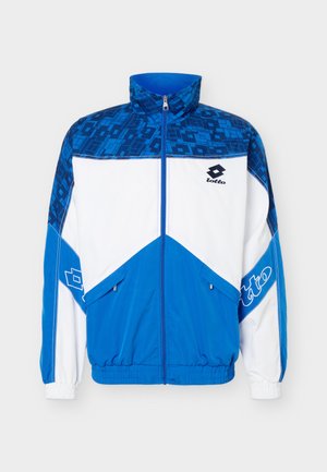 Sinine ja valge lukuga sportlik jakk kõrge kraega, geomeetriliste mustritega õlgadel, Lotto logo rinnal ja varrukal, elastsete mansettide ja esitaskutega.