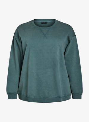 Yli koko vihreä huppari, joka on valmistettu pehmeästä puuvillakankaasta. Varustettu pyöreällä kaula-aukolla, ribbineillä hihansuilla ja helmalla, joissa on hienovaraiset ompeluyksityiskohdat.