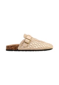 Mule beige intrecciata con suola in sughero, cinturino regolabile con fibbia dorata e suola esterna in gomma nera, mostrata di profilo.