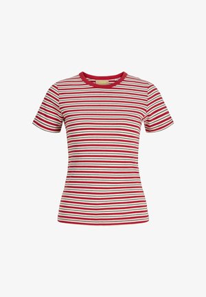 Camiseta ajustada de manga corta con rayas horizontales rojas, blancas y negras y cuello redondo rojo.