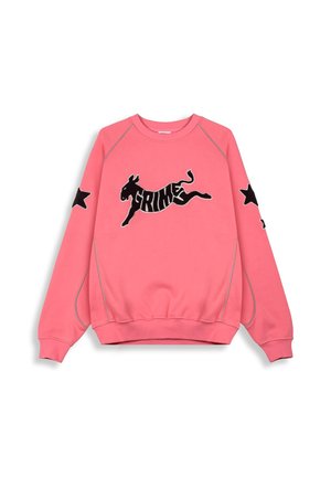 Pink sweatshirt with black star accents on sleeves, featuring a black running horse graphic with the text "GRIME" in bold letters.