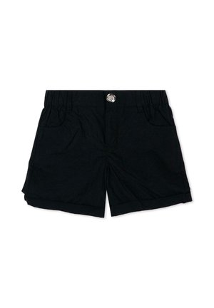 Czarne bawełniane szorty z elastycznym pasem, przednimi kieszeniami, zapięciem na metalowy guzik oraz podwiniętymi krawędziami.