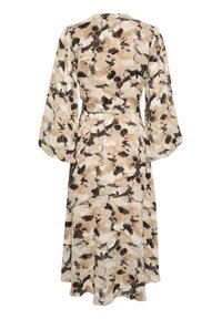 Robe midi avec imprimé floral abstrait beige, marron et noir, manches longues amples et taille cintrée, vue de dos.