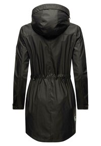 Black waterproof jacket featuring a hood, cinched waist, and long sleeves with buttoned cuffs. Smooth texture and minimal detailing.