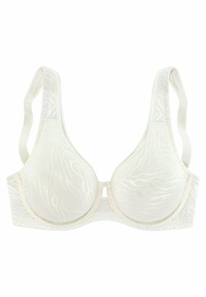 Bela modra s teksturiranim vzorcem, oblikovanimi skodelicami in nastavljivimi naramnicami. Oblikovanje vključuje detajl s pentljo na sredini in brezšivne robove.