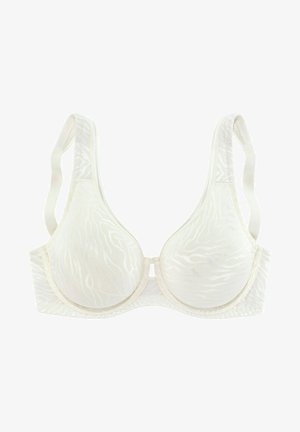 Bielizňa krémovej farby s textúrovaným vzorom, vytvarovanými košíčkami a nastaviteľnými ramienkami. Dizajn obsahuje stredovú mašľu a bezšvové okraje.