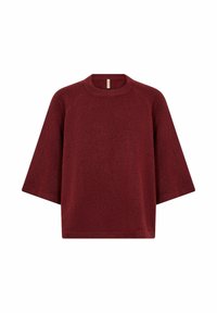 Pulover oversized bordeaux cu decolteu rotund, mâneci raglan scurte, textură tricotată și croi relaxat. Material ușor și moale.