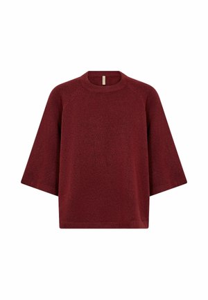 Burgundský oversize sveter s okrúhlym výstrihom, krátkymi raglánovými rukávmi, pletenou textúrou a voľným strihom. Ľahký a mäkký materiál.