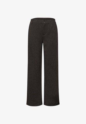 Pantaloni a gamba larga in tessuto grigio scuro; con chiusura a bottoni e tasche frontali; texture liscia con un motivo sottile.